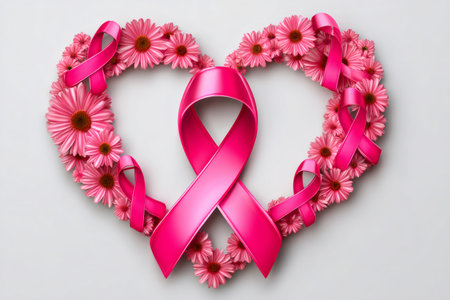 Pink ribbons and flowers creating a heart shape symbolizing breast cancer awareness and supportの素材
