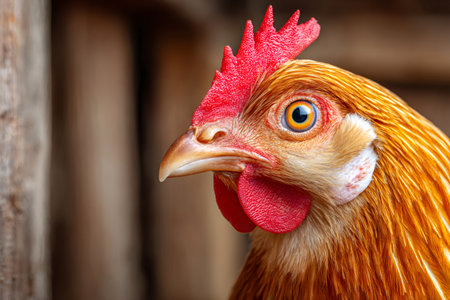 Brown chicken head with red comb and wattle looking to the leftの素材