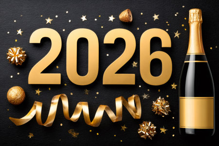 Golden 2026 numbers with champagne bottle, confetti, and ribbons on black backgroundの素材