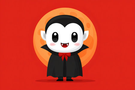 Cute vampire wearing a black cape with a red bow tie in front of the moonの素材