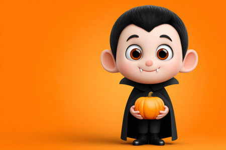 Adorable 3d illustration of a young vampire character smiling, dressed in a black capeの素材