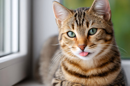 Tabby cat with green eyes blepping, sticking out its pink tongueの素材