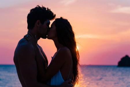Couple kissing in silhouette at sunset, enjoying a romantic moment by the oceanの素材
