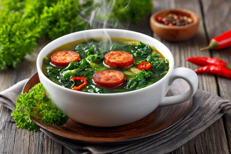 Hearty caldo verde soup with chorizo sausage, kale, and chili pepper garnishing a rustic wooden tableの素材