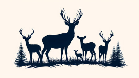 Deer family silhouette including two stags, a doe, and two fawns standing in grass with treesの素材