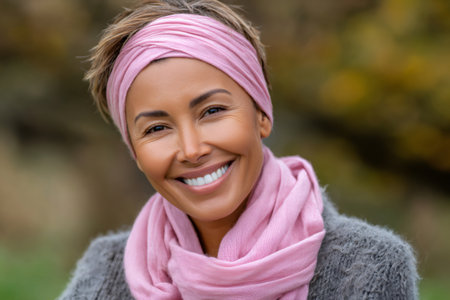 Smiling woman wearing a pink scarf and headband confidently posing outdoorsの素材
