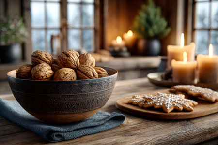 Walnuts and gingerbread cookies creating a warm festive atmosphere indoorsの素材
