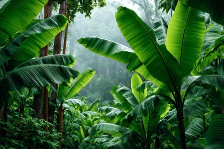 Dense green banana leaves creating a vibrant natural background in a tropical rainforestの素材