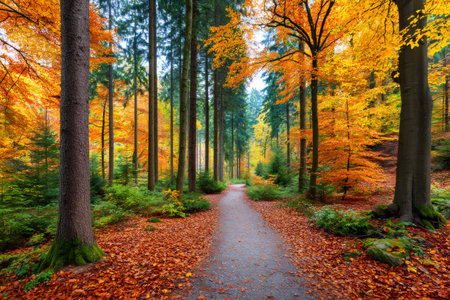 Forest path winding between tall trees with vibrant autumn foliage and fallen leaves covering the groundの素材