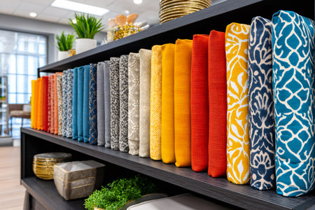 Displaying a selection of fabric swatches and patterns for home decoration and textile inspirationの素材