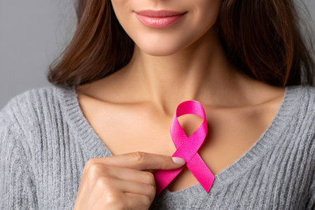 Woman holding a pink ribbon on her chest, symbolizing breast cancer awareness and supportの素材