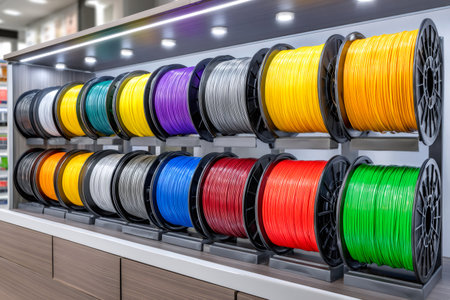 Rows of vibrant 3d printing filament spools showcasing a variety of colors and plastic typesの素材