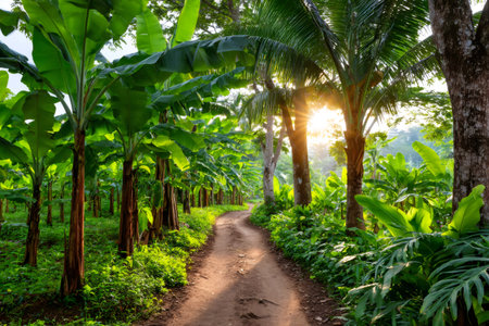 Sunbeams shining through banana plants and palm trees in a lush tropical plantationの素材