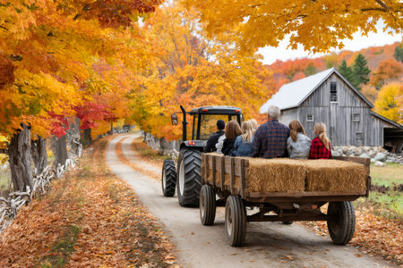 Grandfather and grandchildren riding a hay wagon pulled by a tractor through fall foliageの素材