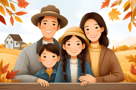 Smiling family of four standing together in an outdoor fall landscape with a houseの素材