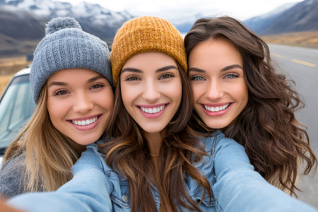 Three happy young women smiling for a selfie during a winter road trip in the mountainsの素材