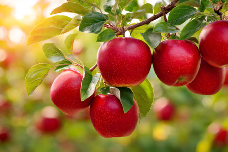 Red apples ripening with green leaves on a tree branch, bathed in golden sunlightの素材