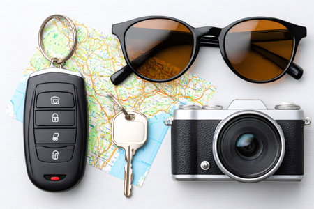Preparing for a road trip vacation, arranging travel essentials on white backgroundの素材