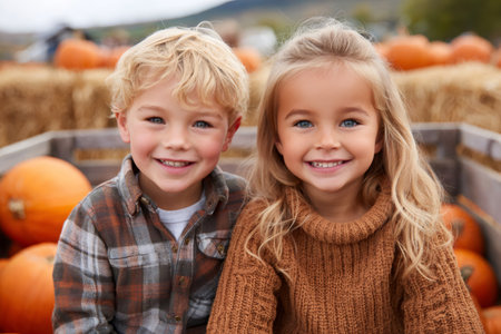 Young siblings smiling at camera, sitting in a wooden cart with pumpkins and hay balesの素材