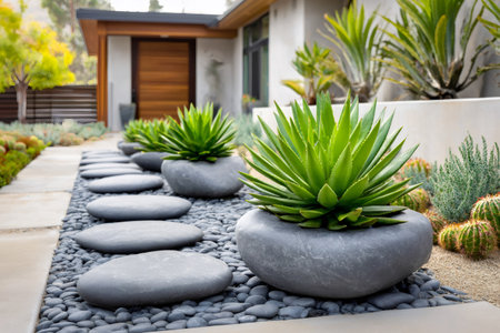 Contemporary garden path with stepping stones, pebbles, and succulent plantsの素材