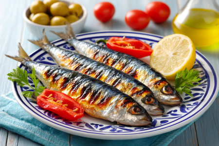 Placing grilled sardines on a plate with fresh lemon, pepper, and parsley, ready to eatの素材