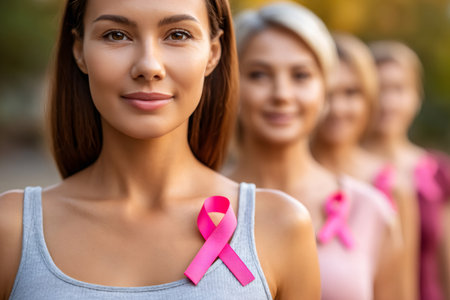 Group of diverse women wearing pink ribbons, standing in a line, supporting breast cancer awarenessの素材