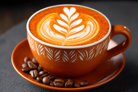Rich coffee with latte art in an orange cup with coffee beansの素材