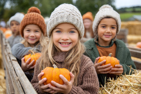 Diverse children smiling, holding small pumpkins during an autumn farm hayride activityの素材