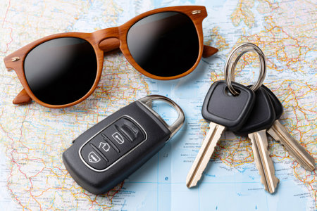 Car keys, remote, and sunglasses lying on a world map, representing travel planningの素材