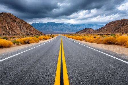Desert road leading into a distant mountain range under a dramatic clouded skyの素材