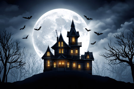 Spooky haunted mansion standing on a hill during a full moon halloween nightの素材