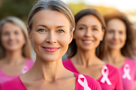 Diverse women wearing pink ribbons showing support for breast cancer awarenessの素材
