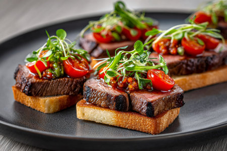 Slices of grilled beef on toasted bread with cherry tomatoes, salsa, and microgreensの素材