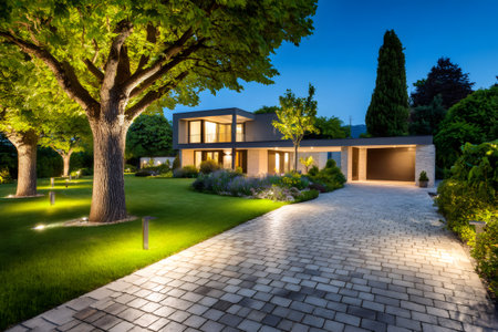 Contemporary residential property featuring illuminated trees, lush garden, and paved driveway at twilightの素材