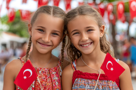 Twin girls smiling, celebrating a national holiday with Turkish flagsの素材