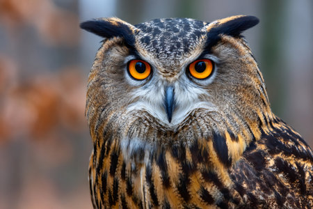 Close up of an Eurasian eagle owl with bright orange eyes looking directly forwardの素材