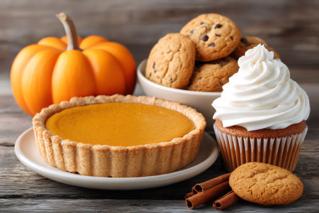 Autumn pumpkin pie, cupcake, cookies, and cinnamon sticks arranging on wooden surfaceの素材