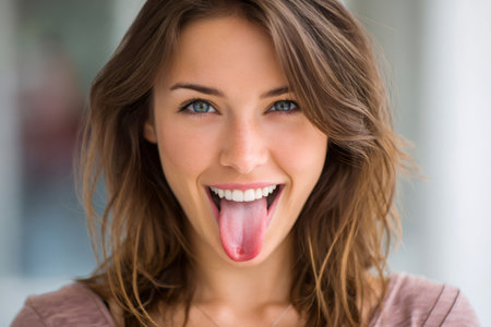 Young woman happily showing her tongue and smiling into the cameraの素材
