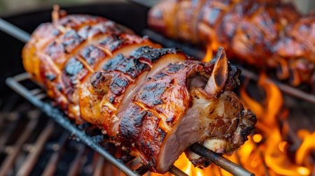 Ham or pork spit roasting over an open fire on a barbecue rotisserieの素材