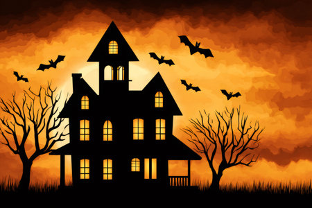 Haunted house silhouette with glowing windows and flying bats under an orange skyの素材