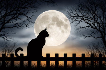 Black cat silhouette on a fence against a full moon and bare trees in a spooky night skyの素材