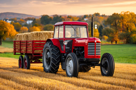 Tractor with trailer transporting hay bales across a stubble field during autumn sunsetの素材