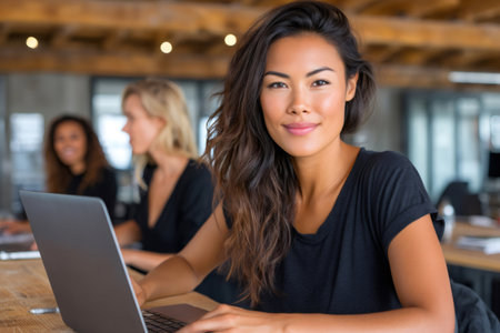 Young asian woman working on laptop in a modern office with colleaguesの素材