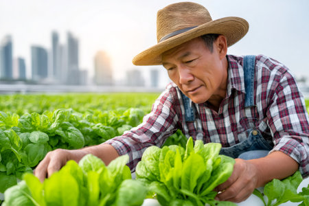 Senior farmer inspecting and harvesting fresh green lettuce in an urban hydroponic farmの素材