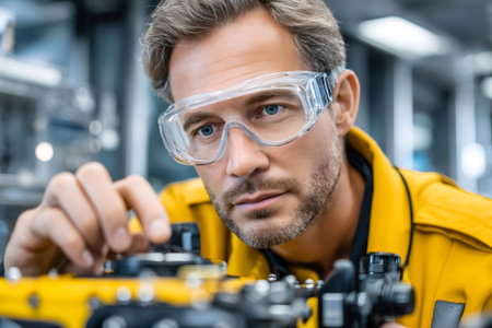 Male engineer wearing safety glasses carefully adjusting industrial machine componentsの素材