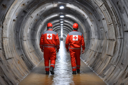 First responders in protective gear moving through a water-filled underground passageの素材
