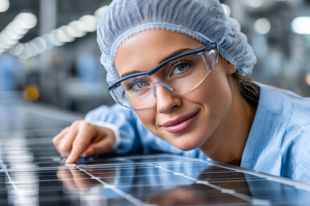 Female worker in protective wear examining a photovoltaic panel on production lineの素材