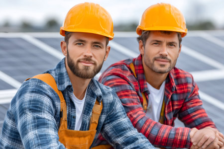 Male solar energy technicians working in sustainable powerの素材