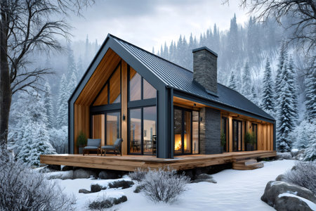 Cozy, contemporary home surrounded by snow-covered trees, offering a warm escape in natureの素材
