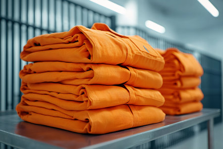 Orange jumpsuit uniforms folded and stacked in a correctional institution with bars in the backgroundの素材